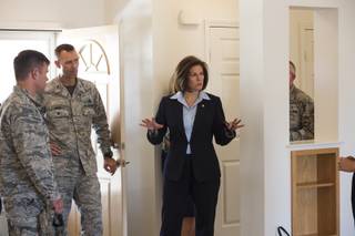 Nevada Senator Catherine Cortez Masto takes a tour of on-base housing for servicemembers and their families stationed at Nellis Air Force Base, Friday Aug. 24, 2018.