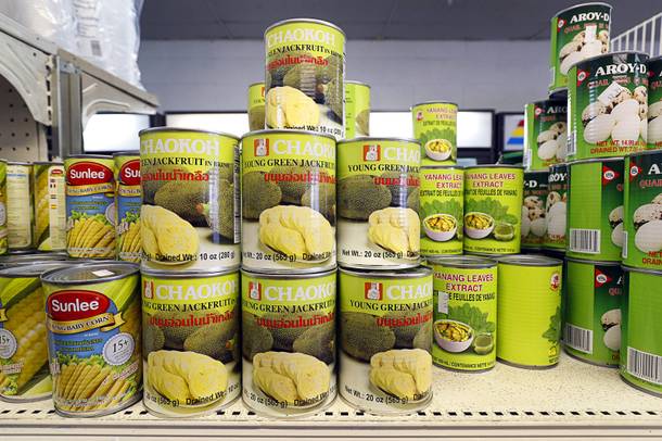 Cans of jackfruit are displayed on a shelf at Sisters Oriental Market, 1732 Fremont St., Wednesday, Aug. 29, 2018.