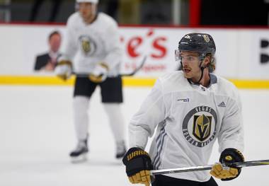 Golden Knights defenseman Jon Merrill (15) practices at the City National Arena in Summerlin Wednesday, Sept. 5, 2018.