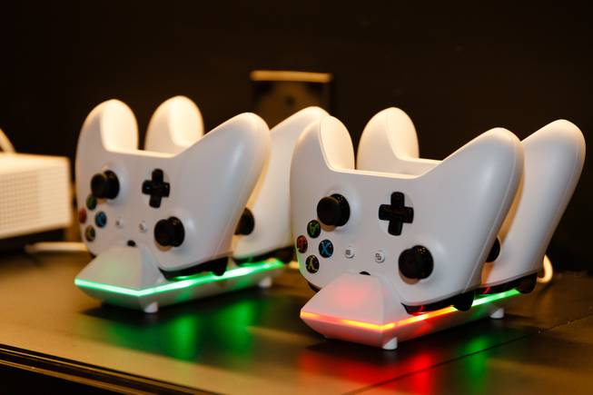 A set of XBOX video game controllers is seen at the Fan Cave section at a new sports book and bar called The Book inside The LINQ, Wednesday, Sep. 5, 2018.