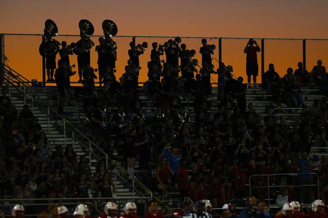 Liberty high school band members perform in the bleachers during a game against IMG Academy at Liberty High School, Friday, Sep. 7, 2018.
