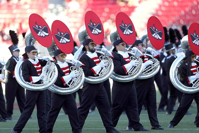 The UNLV marching band performs before a game against UTEP at Sam Boyd Stadium Saturday, Sept. 8, 2018.