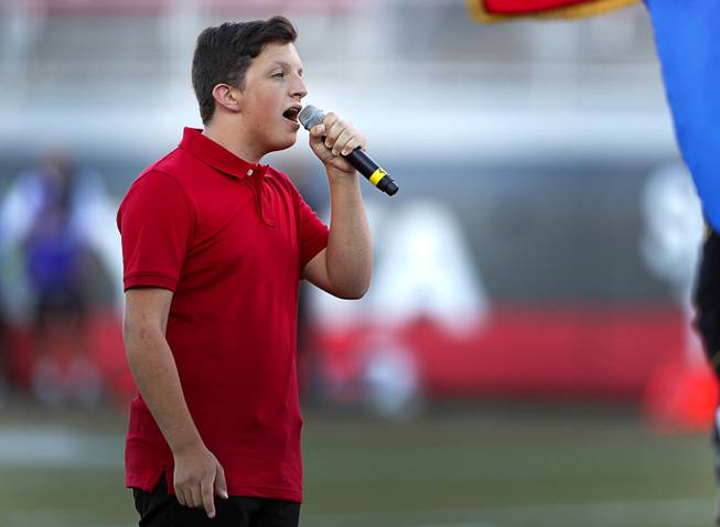 Connor Simpson of Henderson performs the national anthem before a game against UTEP at Sam Boyd Stadium Saturday, Sept. 8, 2018.