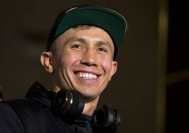 WBC/WBA middleweight champion Gennady Golovkin of Kazakhstan smiles after arriving at the MGM Grand Tuesday, Sept. 11, 2018. Golovkin will defend his titles against Canelo Alvarez of Mexico in a rematch at T-Mobile Arena in Las Vegas on Sept. 15.