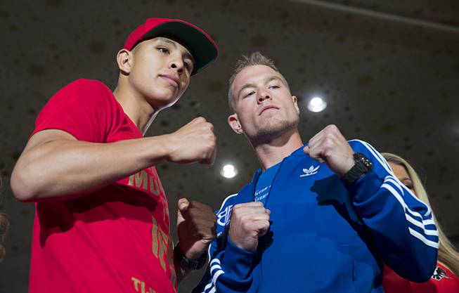 Undefeated WBO junior middleweight champion Jaime Munguia, left, of Mexico, poses with Brandon Cook of Canada at the MGM Grand Tuesday, Sept. 11, 2018. Munguia will defend his title against Cook at T-Mobile Arena in Las Vegas on Sept. 15.