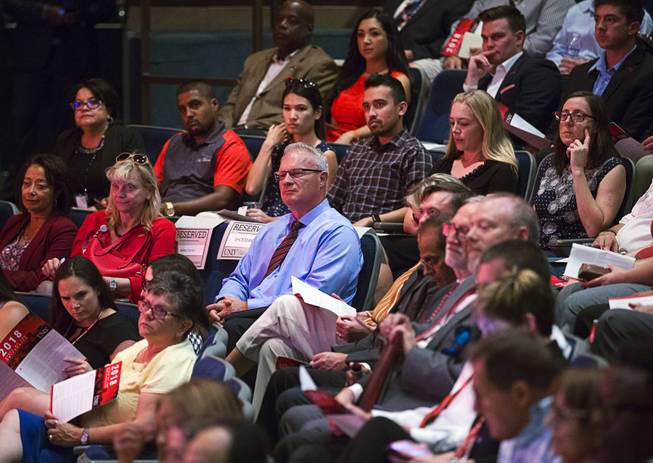 Students and faculty listen to UNLV Acting President Marta Meana during the annual State of the University address at UNLV Thursday, Sept. 13, 2018.