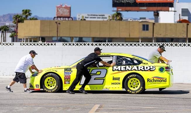 Rayn Blaney's No. 12 Team Penske Ford is moved into postition in preparation for the 2018 NASCAR Burnout Blvd to introduce the NASCAR South Point 400 Weekend as cars are staged in the Las Vegas Convention Center Gold Parking Lot on Thursday Sept. 13, 2018. Mark Damon/Las Vegas News Bureau