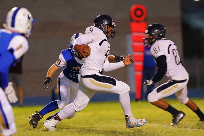 Cheyenne wide receiver Mike Reed (9) runs the ball during a game against Moapa Valley at Moapa Valley High School, Friday, Sep. 14, 2018.