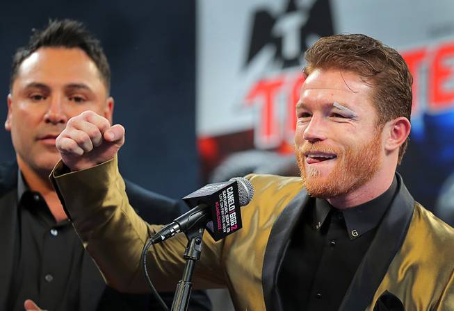 Canelo Alvarez of Mexico speaks at a post-fight news conference after defeating WBC/WBA middleweight champion Gennady Golovkin of Khazakstan at T-Mobile Arena Saturday, Sept. 15, 2018. Alvarez took Glolovkin's WBC/WBA titles by majority decision.