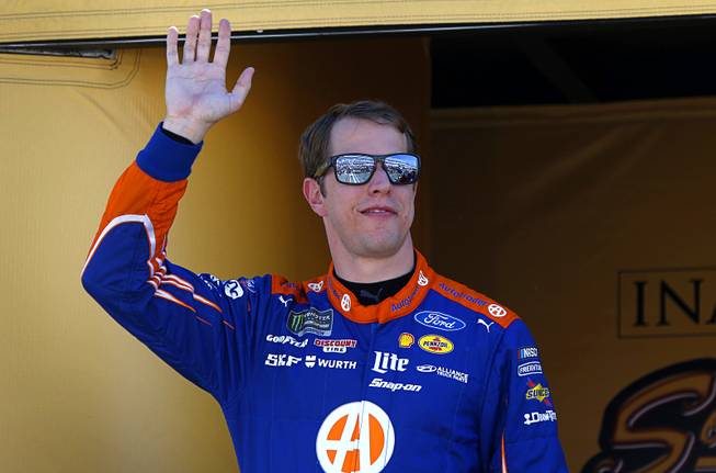 Brad Keselowski waves during driver introductions before the South Point 400 NASCAR Cup series race at the Las Vegas Motor Speedway Sunday, Sept. 16, 2018. Keselowski won the race.