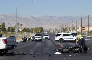 North Las Vegas Police investigate a fatal accident between a motorcyclist and a pickup truck at the intersection of Craig Road and North 5th Street in North Las Vegas Wednesday, Sept. 19, 2018. Eastbound Craig Road was closed during the investigation.