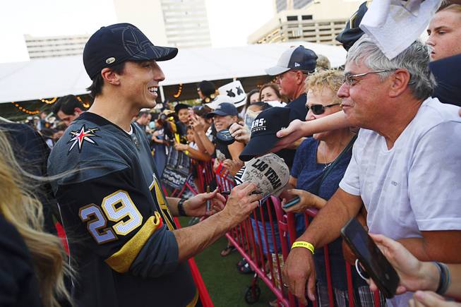 Vegas Golden Knights goaltender Marc-Andre Fleury signs autographs during the Vegas Golden Knights "Fan Fest" Wednesday, September 19, 2018, at the Downtown Las Vegas Events Center.