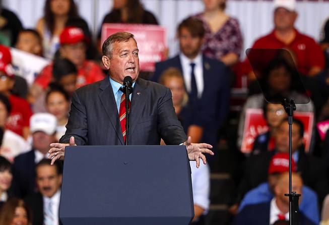Cresent Hardy, Republican candidate for Nevada's 4th congressional district, speaks during President Donald Trump's "Make America Great Again (MAGA) rally at the Las Vegas Convention Center Thursday, Sept. 20, 2018.