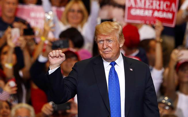President Donald Trump is shown Thursday, Sept. 20, 2018, at a rally at the Las Vegas Convention Center.