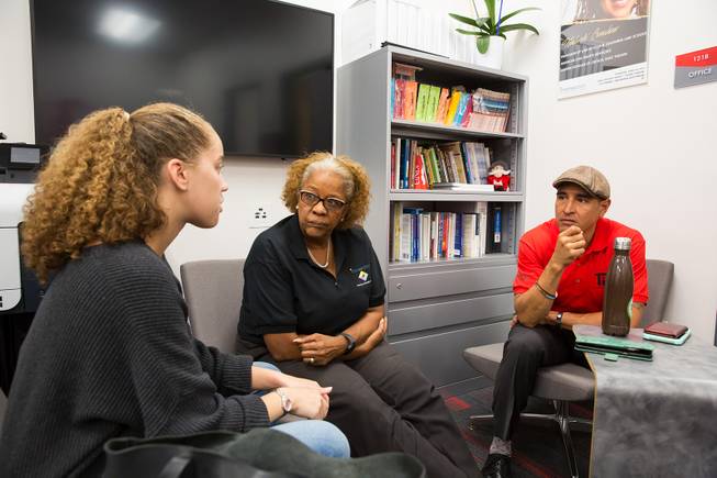 Undergrad student Kiara Sims sits down to meet with Harriet Barlow, UNLV's Intersection director, and Patrick Naranjo, Intersections's Resource Coordinator, regarding education opportunities, Friday Sept. 21, 2018.