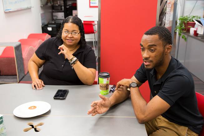 UNLV students Masumi Hicks and Caleb Green have a discussion at the Intersection office located at UNLV's Student Union, Friday Sept. 21, 2018.