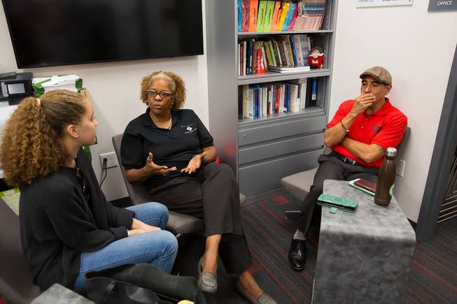 Undergrad student Kiara Sims sits down to meet with Harriet Barlow, UNLV's Intersection director, and Patrick Naranjo, Intersections's Resource Coordinator, regarding education opportunities, Friday Sept. 21, 2018.