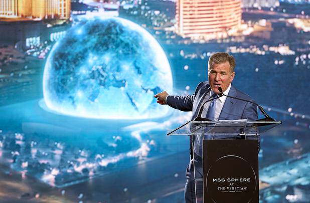 Rob Goldstein, Las Vegas Sands president and COO, gestures toward a rendering of the MSG Sphere at the Venetian during a groundbreaking ceremony for the project near Koval Lane and Sands Avenue, Thursday, Sept. 27, 2018. The new venue is expected to be completed in fiscal 2021 (July 1, 2020-June 30, 2021). 