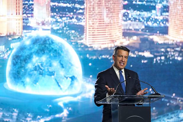 Governor Brian Sandoval  speaks during a groundbreaking ceremony for the MSG Sphere at the Venetian by Koval Lane and Sands Avenue Thursday, Sept. 27, 2018. The new venue is expected to be completed in fiscal 2021 (July 1, 2020-June 30, 2021). 
