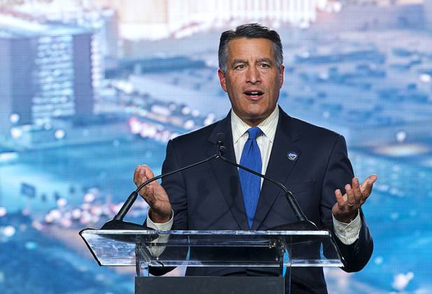 Gov. Brian Sandoval  speaks during a groundbreaking ceremony for the MSG Sphere at the Venetian by Koval Lane and Sands Avenue Thursday, Sept. 27, 2018.