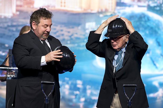 James L. Dolan, executive chairman and CEO of the Madison Square Garden Company, and his father Charles Dolan, a Madison Square Garden Company board member, don hard hats during a groundbreaking ceremony for the MSG Sphere at the Venetian by Koval Lane and Sands Avenue Thursday, Sept. 27, 2018. The new venue is expected to be completed in fiscal 2021 (July 1, 2020-June 30, 2021). 