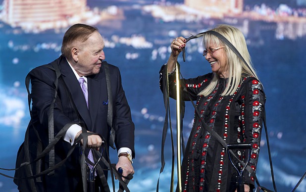 Sheldon Adelson, chairman/CEO of Las Vegas Sands, watches as his wife Miriam removes streamers used in a groundbreaking ceremony for the MSG Sphere at the Venetian by Koval Lane and Sands Avenue Thursday, Sept. 27, 2018. The new venue is expected to be completed in fiscal 2021 (July 1, 2020-June 30, 2021). 