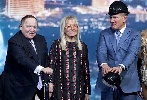 Sheldon Adelson, chairman/CEO of Las Vegas Sands, his wife Miriam and Rob Goldstein, president/COO of the Las Vegas Sands, pose on stage during a groundbreaking ceremony for the MSG Sphere at the Venetian by Koval Lane and Sands Avenue Thursday, Sept. 27, 2018. The new venue is expected to be completed in fiscal 2021 (July 1, 2020-June 30, 2021). 