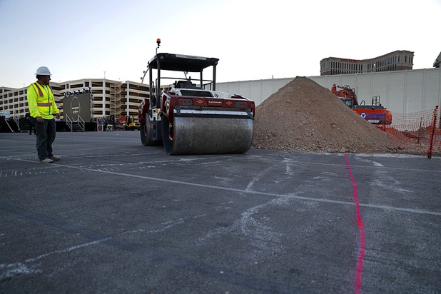 A pink line on the asphalt marks the edge of the MSG Sphere at the Venetian before a groundbreaking ceremony for the project by Koval Lane and Sands Avenue Thursday, Sept. 27, 2018. The new venue is expected to be completed in fiscal 2021 (July 1, 2020-June 30, 2021). 
