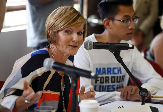 Susie Lee, Democratic candidate for the 3rd Congressional District, speaks during a gun violence roundtable with Capt. Mark Kelly, his wife former Arizona Congresswoman Gabrielle "Gabby" Giffords, gun violence survivors, student activists, and community leaders at UNLV Tuesday, Oct. 2, 2018.
