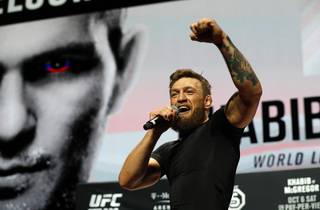 UFC lightweight fighter Conor McGregor speaks to fans during an open workout in preparation for UFC 229 at the Park MGM in Las Vegas Wednesday, Oct. 3, 2018. McGregor will challenge UFC lightweight champion Khabib Nurmagomedov, of Russia,  for the title at T-Mobile Arena in Las Vegas Saturday.