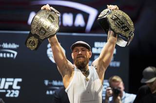 UFC lightweight fighter Conor McGregor of Ireland poses during a news conference for UFC 229 at the Park MGM in Thursday, Oct. 4, 2018. McGregor will challenge UFC lightweight champion Khabib Nurmagomedov of Russia for the title during UFC 229 at T-Mobile Arena Saturday.