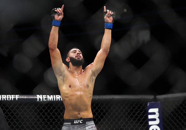 Light heavyweight fighter Dominick Reyes celebrates after knocking down Ovince Saint Preux at the end of the third round during UFC 229 at T-Mobile Arena Saturday, Oct. 6, 2018. Reyes won by unanimous decision. 