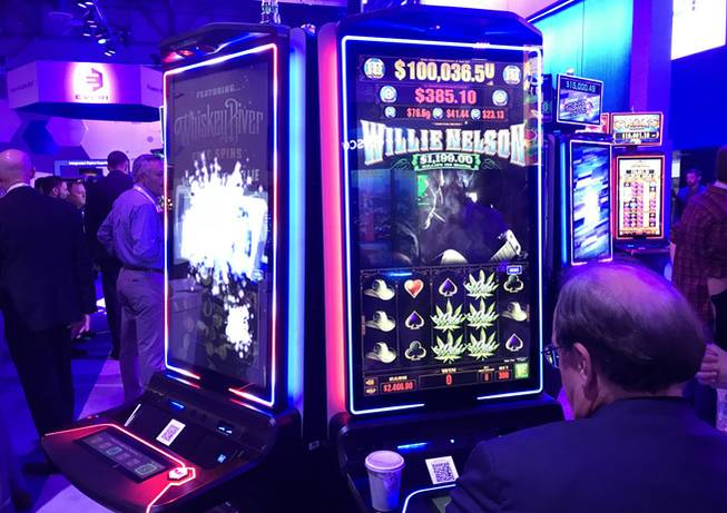 A new slot machine featuring Willie Nelson and references to marijuana is on display at the Global Gaming Expo on Thursday, Oct. 11, 2018, in Las Vegas.