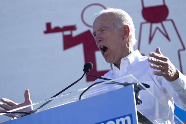Former Vice President Joe Biden speaks to supporters during a Nevada Democratic Party rally at the Culinary Workers Union in downtown Las Vegas, Sat Oct. 20, 2018.