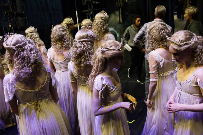 Ballerinas dressed as brides from the Nevada Ballet Theatre's production of "Dracula" wait backstage during dress rehearsal at the Smith Center, Wednesday, Oct. 24, 2018.