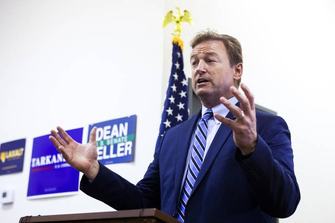 Incumbent Republican Sen. Dean Heller speaks during a campaign office event, Friday, Oct. 26, 2018.