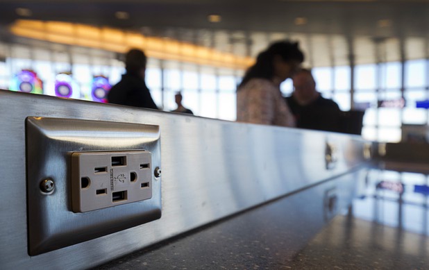 Stations for charging laptops and other mobile devices have been added in the newly remodeled A-Gates cluster building at McCarran International Airport Thursday, Nov. 1, 2018.