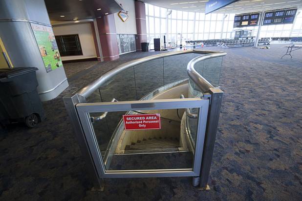 A stairway leads to the tarmac in an A-Gates cluster building at McCarran International Airport Thursday, Nov. 1, 2018. The stairs will be taken out during renovations.