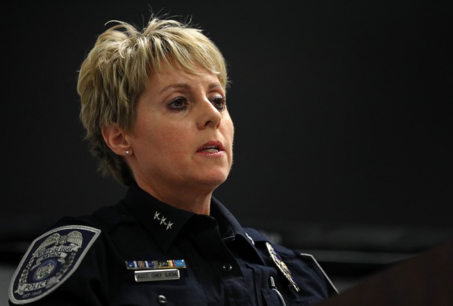 North Las Vegas Police Assistant Chief Pamela Ojeda responds to questions during a news conference in North Las Vegas Friday, Nov. 2, 2018. An 11-year-old girl was killed when suspected gang members opened fire into the wrong house on Thursday night, Nov. 1, in North Las Vegas, she said.