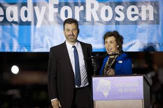 Las Vegas native Jimmy Kimmel, late-night talk show host, campaigns with Jacky Rosen, Democratic candidate for Nevada Senate, during a rally at the Arts District in downtown Las Vegas Friday, Nov. 2, 2018.