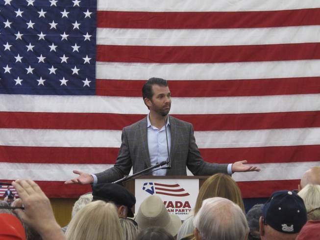 Donald Trump Jr. told a Republican rally in Reno on Friday, Nov. 2, 2018, that his father is leading the country like the disciplinary parent America has needed in a long time. President Trump's son also was headlining events Friday in Carson City, Pahrump and Las Vegas in the key battleground state. Sen. Dean Heller, R-Nev., is the only incumbent GOP senator up for re-election in a state Hillary Clinton carried in 2016.