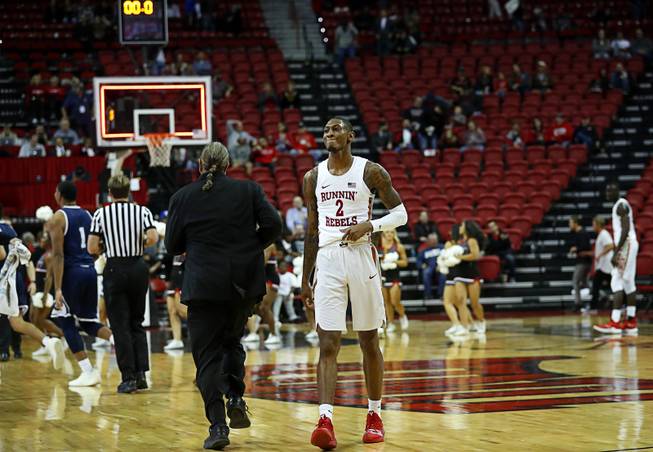 UNLV Rebels forward Ben Coupet Jr. (2) leaves the court after the Rebels 61-50 loss to the Loyola Marymount Lions at the Thomas & Mack Center Saturday, Nov. 10, 2018.