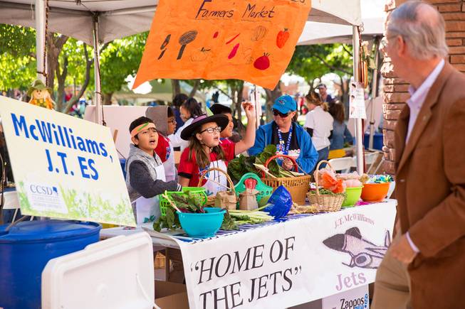 Students at J.T. McWIlliams Elementary School participate in the Biannual Student Farmers Market at the Clark County Government Center, selling fruits and vegitables that are grown in school gardens, Thursday Nov. 8, 2018.