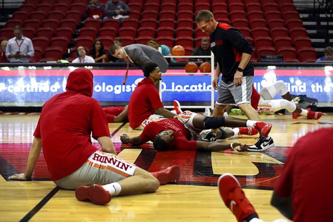 UNLV Runnin' Rebels stretch out before a game against UC Riverside at the Thomas & Mack Center Tuesday, Nov. 13, 2018.