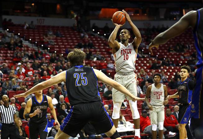 UNLV Rebels forward Shakur Juiston (10) sinks a three-pointer during a game against UC Riverside at the Thomas & Mack Center Tuesday, Nov. 13, 2018.