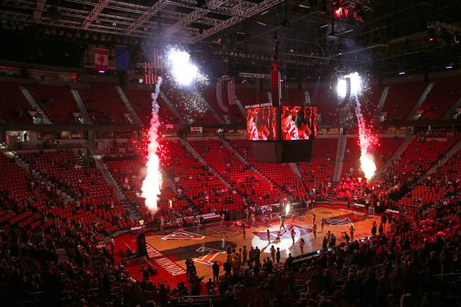 Pyrotechnics explode before a UNLV game against UC Riverside at the Thomas & Mack Center Tuesday, Nov. 13, 2018.