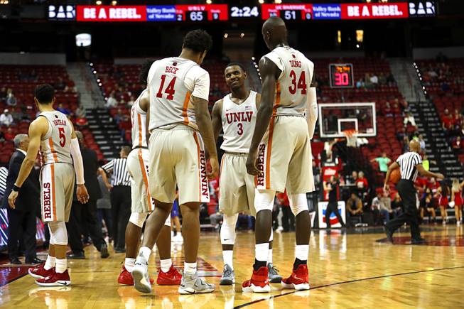 UNLV players talk during a time out during a game against UC Riverside at the Thomas & Mack Center Tuesday, Nov. 13, 2018.