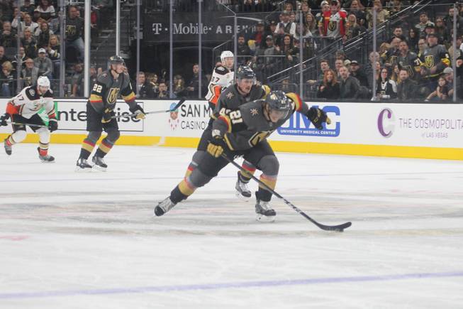 Vegas Golden Knight Cody Eakin makes a run towards Anaheim's goal during the second period of their game at T-Mobile Arena, Wed. Nov. 14, 2018.