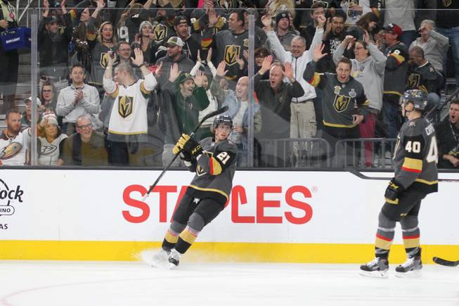 Vegas Golden Knight Cody Eakin celebrates after scoring against Anaheim during the second period, bringing the score to 4-0 at T-Mobile Arena, Wed. Nov. 14, 2018.