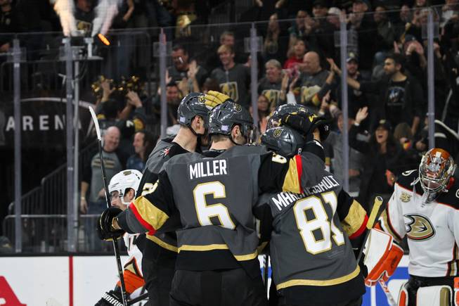 The Golden Knights celebrate after scoring against Anaheim during their game at T-Mobile Arena, bringing the score to 3-0 in the second period, Wed. Nov. 14, 2018.